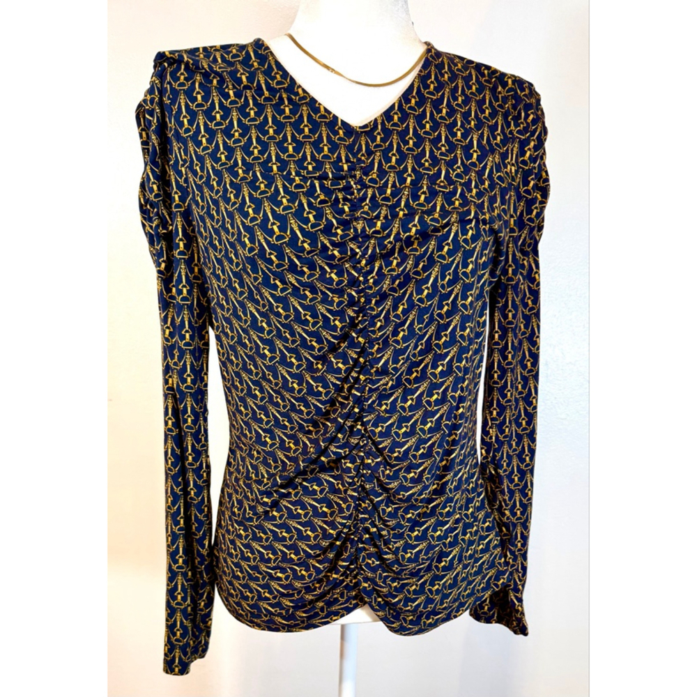 Veronica Beard Navy Gold Horse Bit Long Sleeve blouse touched L